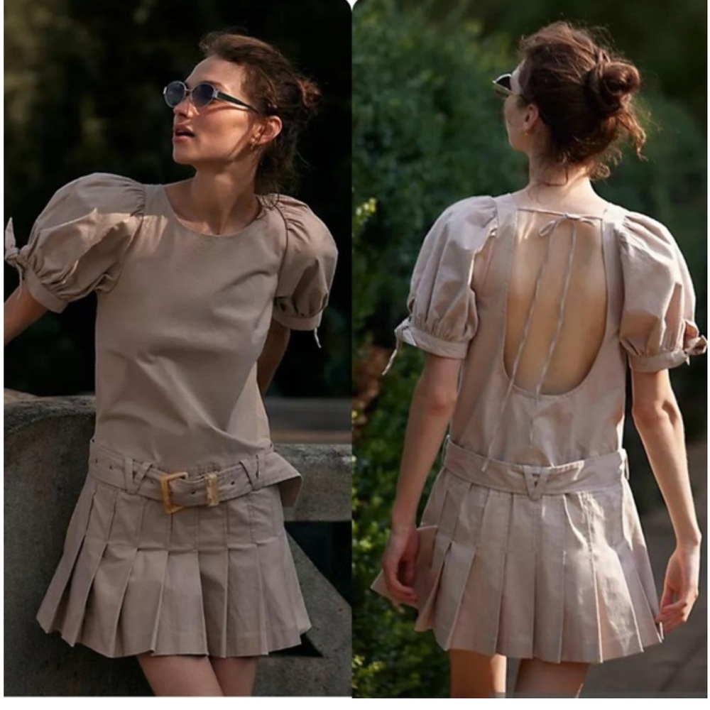 Beige Puff Sleeve Dress with Belt